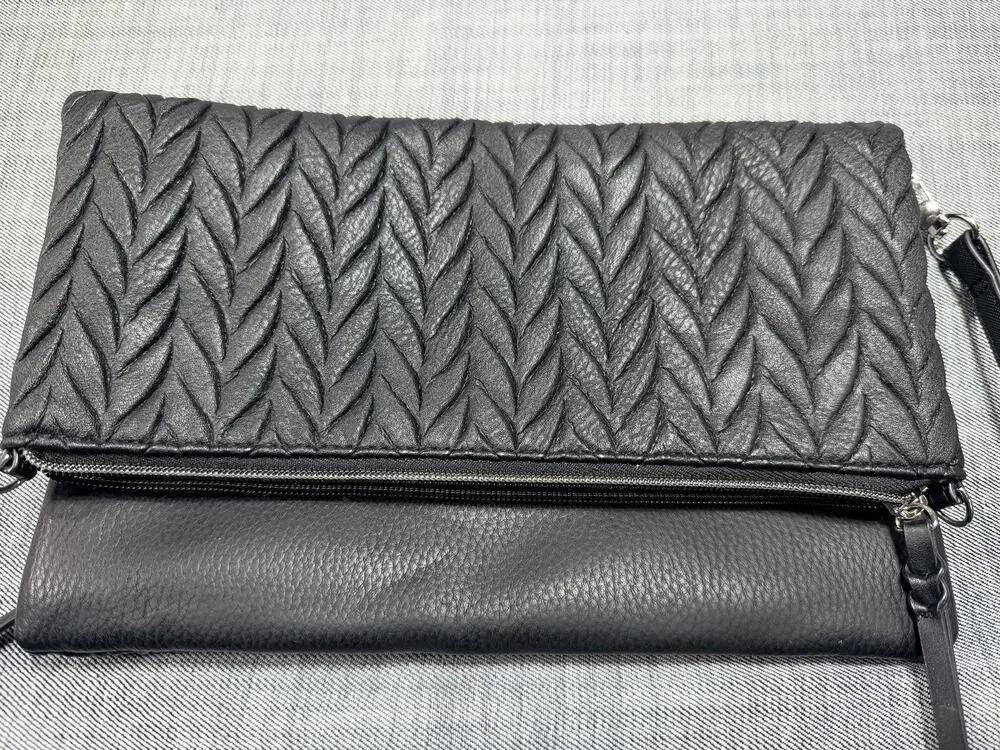 Stella & Dot Black Waverly Chevron Quilted Leather Foldover Crossbody Clutch
